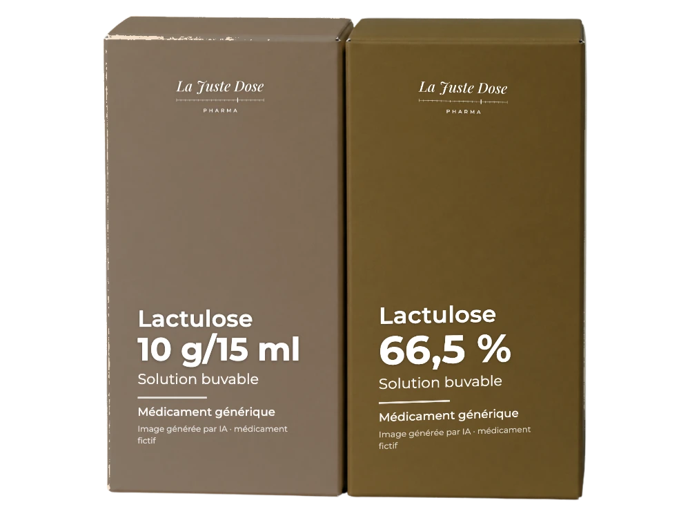 Boîte illustrative de Lactulose, médicament générique fictif aux couleurs de La Juste Dose. Image générée par IA.