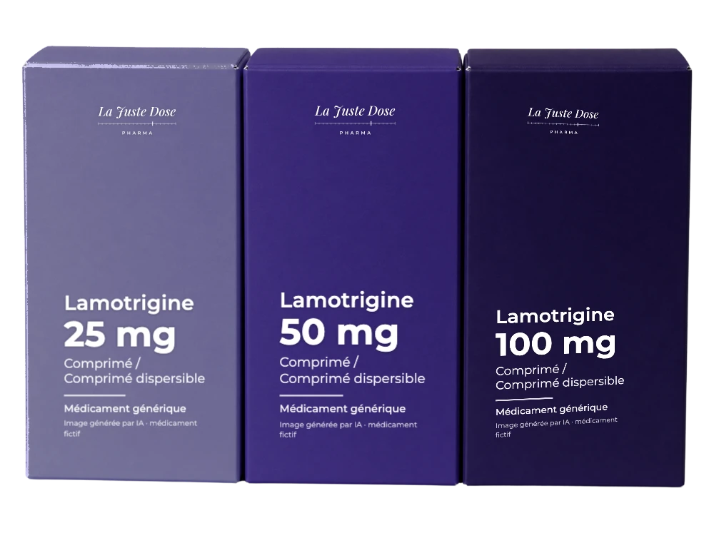 Boîte illustrative de Lamotrigine, médicament générique fictif aux couleurs de La Juste Dose. Image générée par IA.
