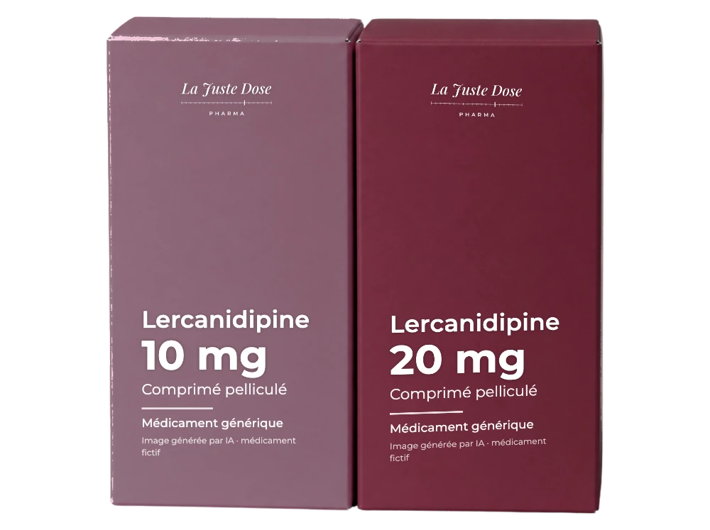 Boîte illustrative de Lercanidipine, médicament générique fictif aux couleurs de La Juste Dose. Image générée par IA.