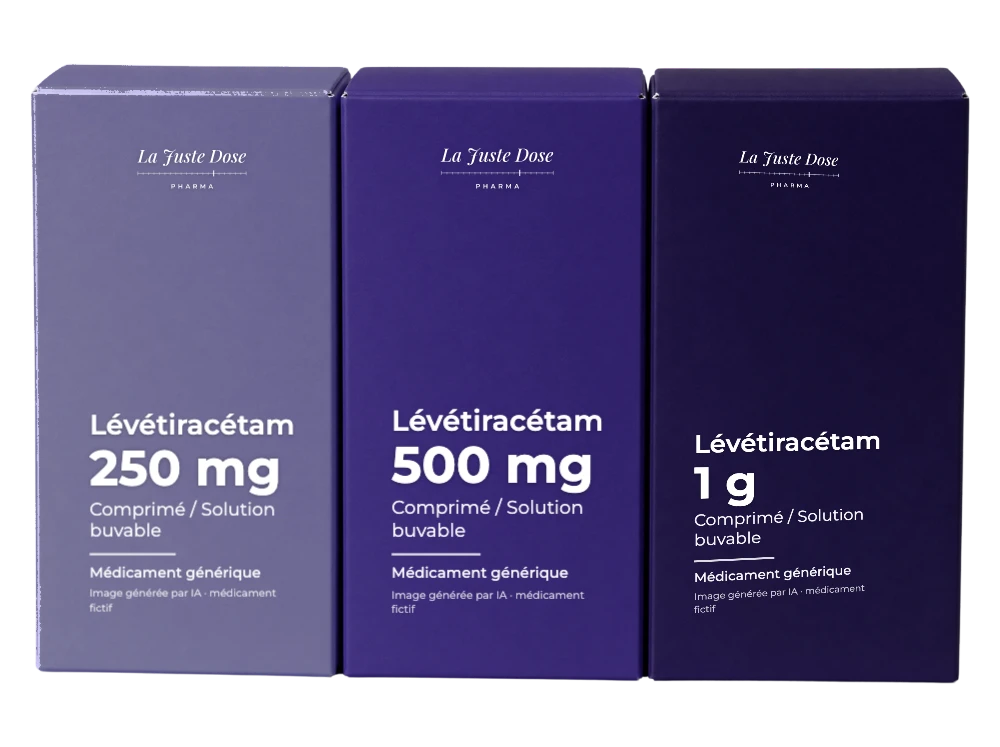 Boîte illustrative de Lévétiracétam, médicament générique fictif aux couleurs de La Juste Dose. Image générée par IA.
