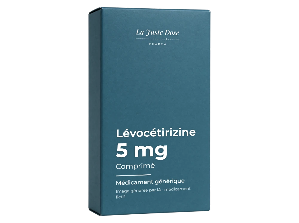 Boîte illustrative de Lévocétirizine, médicament générique fictif aux couleurs de La Juste Dose. Image générée par IA.