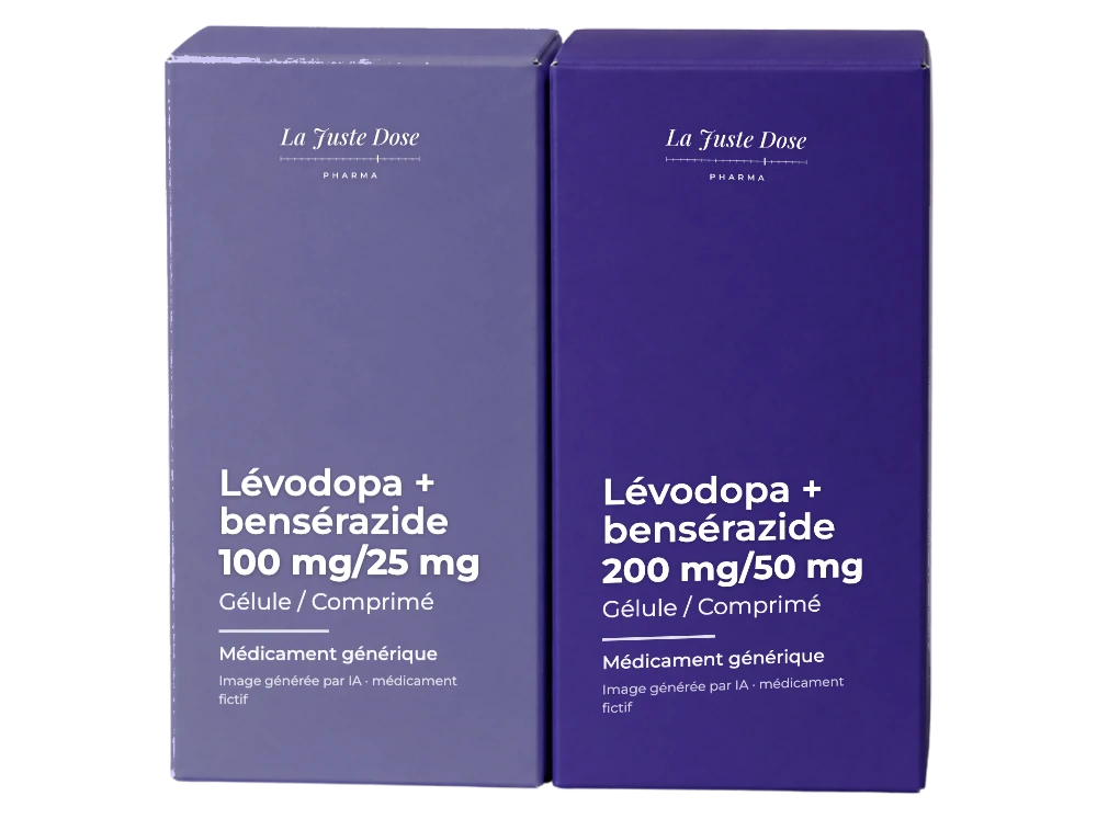 Boîte illustrative de Lévodopa + bensérazide, médicament générique fictif aux couleurs de La Juste Dose. Image générée par IA.