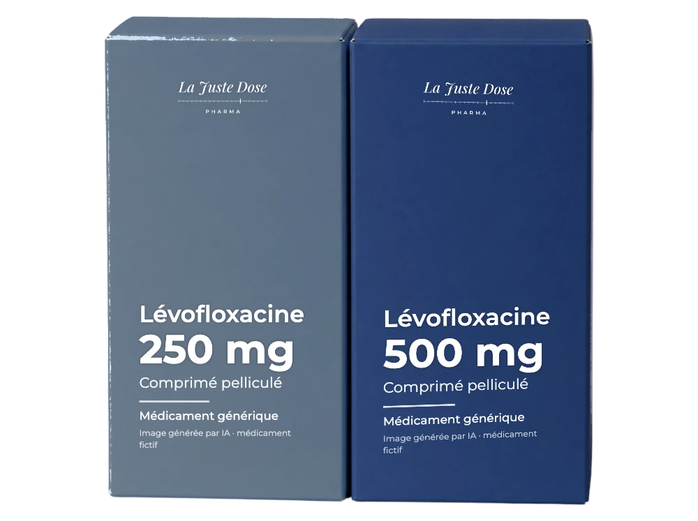 Boîte illustrative de Lévofloxacine, médicament générique fictif aux couleurs de La Juste Dose. Image générée par IA.