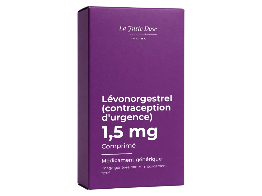 Boîte illustrative de Lévonorgestrel (contraception d'urgence), médicament générique fictif aux couleurs de La Juste Dose. Image générée par IA.