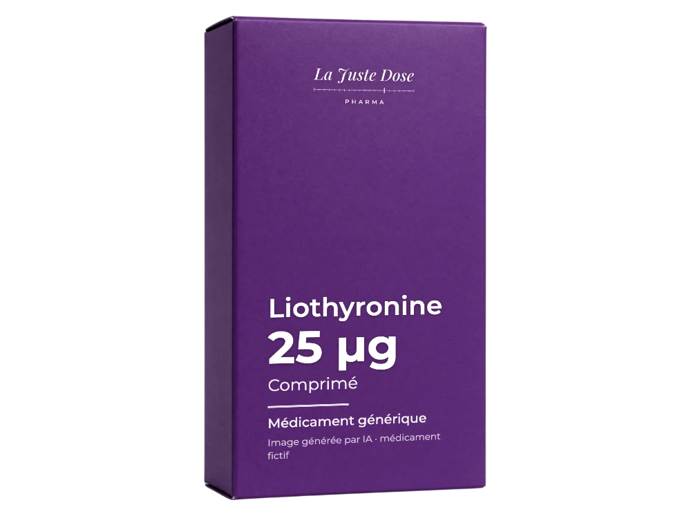 Boîte illustrative de Liothyronine, médicament générique fictif aux couleurs de La Juste Dose. Image générée par IA.