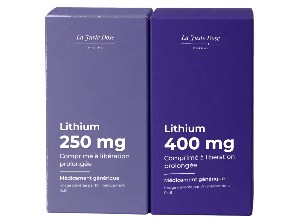 Boîte illustrative de Lithium, médicament générique fictif aux couleurs de La Juste Dose. Image générée par IA.
