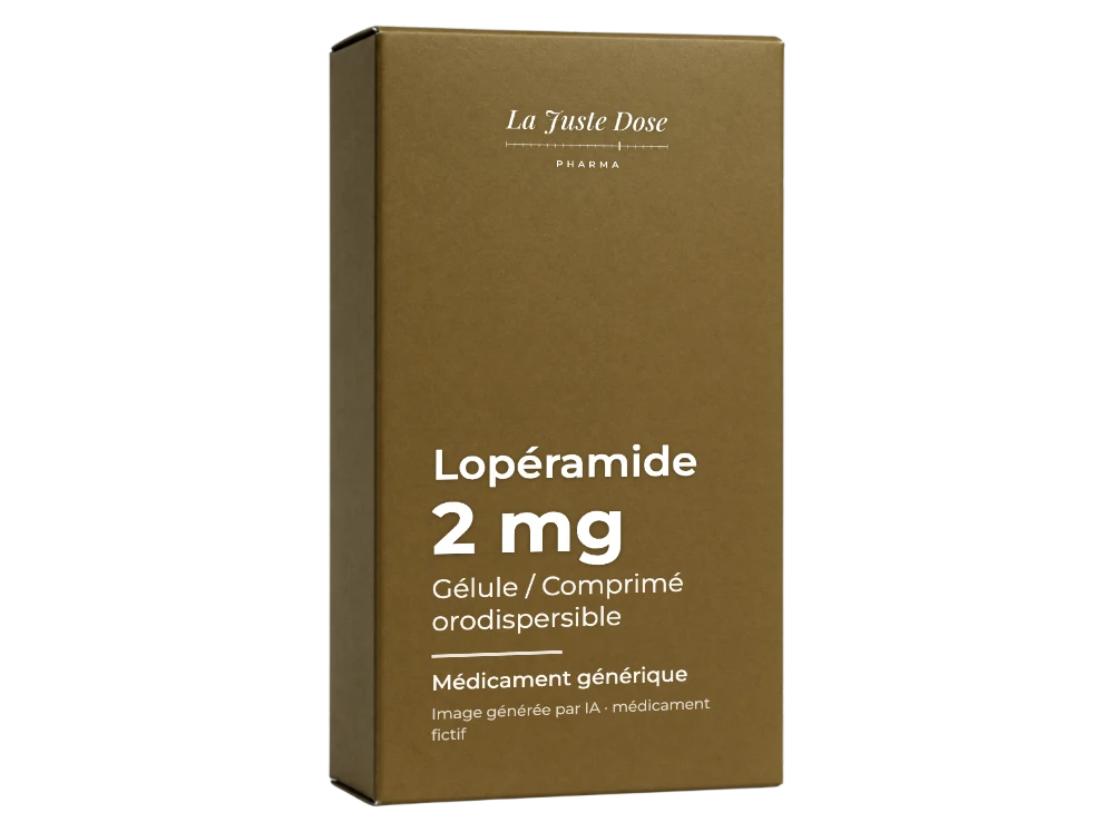 Boîte illustrative de Lopéramide, médicament générique fictif aux couleurs de La Juste Dose. Image générée par IA.