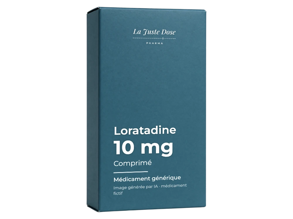 Boîte illustrative de Loratadine, médicament générique fictif aux couleurs de La Juste Dose. Image générée par IA.