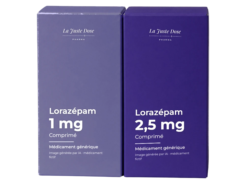 Boîte illustrative de Lorazépam, médicament générique fictif aux couleurs de La Juste Dose. Image générée par IA.