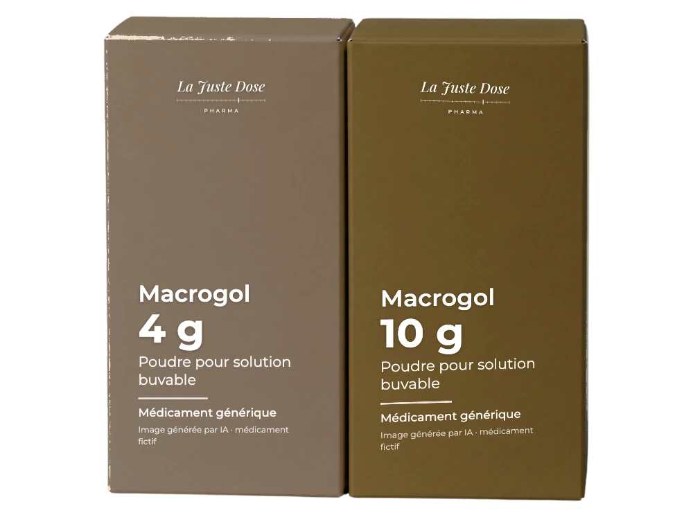 Boîte illustrative de Macrogol, médicament générique fictif aux couleurs de La Juste Dose. Image générée par IA.