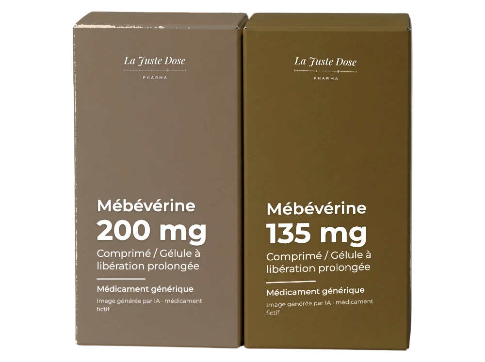 Boîte illustrative de Mébévérine, médicament générique fictif aux couleurs de La Juste Dose. Image générée par IA.