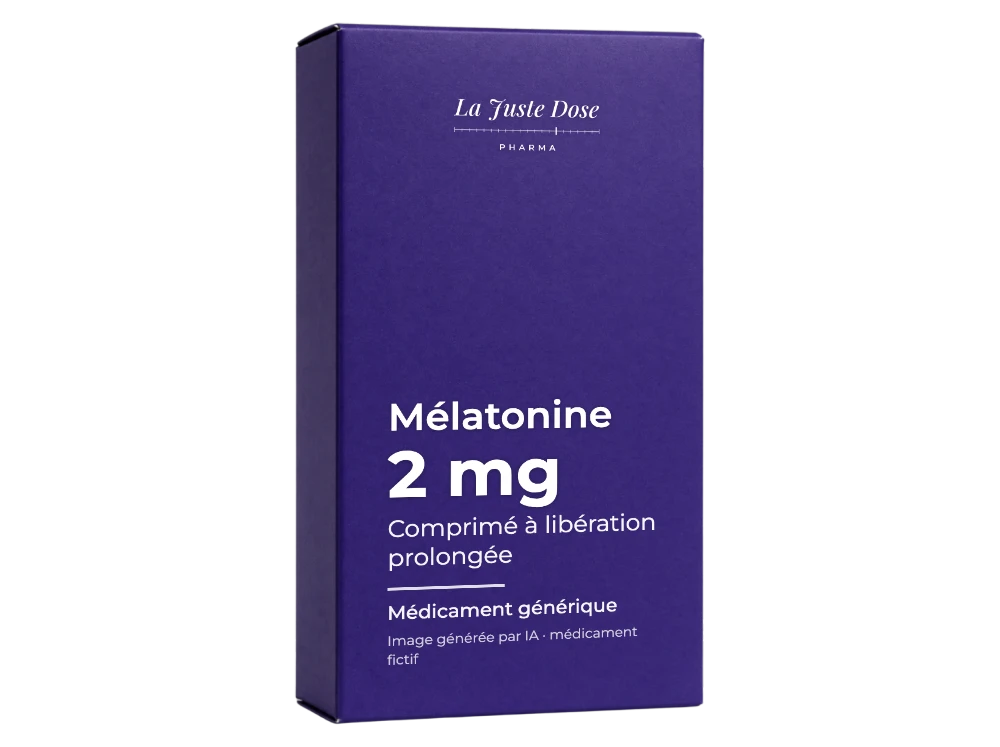 Boîte illustrative de Mélatonine, médicament générique fictif aux couleurs de La Juste Dose. Image générée par IA.