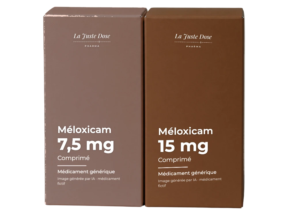 Boîte illustrative de Méloxicam, médicament générique fictif aux couleurs de La Juste Dose. Image générée par IA.
