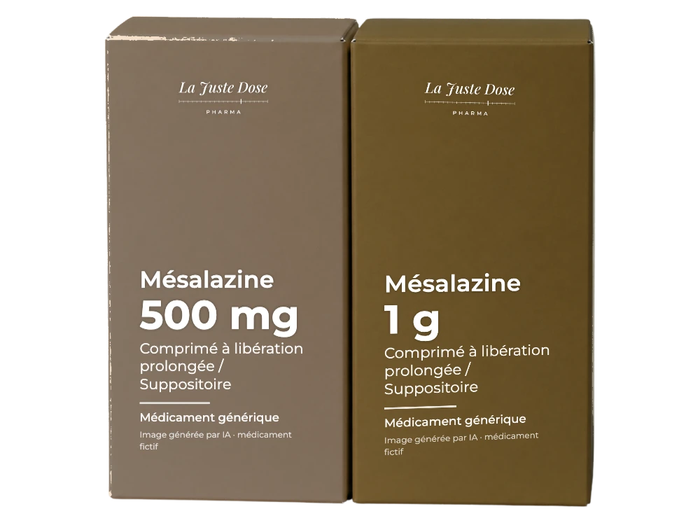 Boîte illustrative de Mésalazine, médicament générique fictif aux couleurs de La Juste Dose. Image générée par IA.