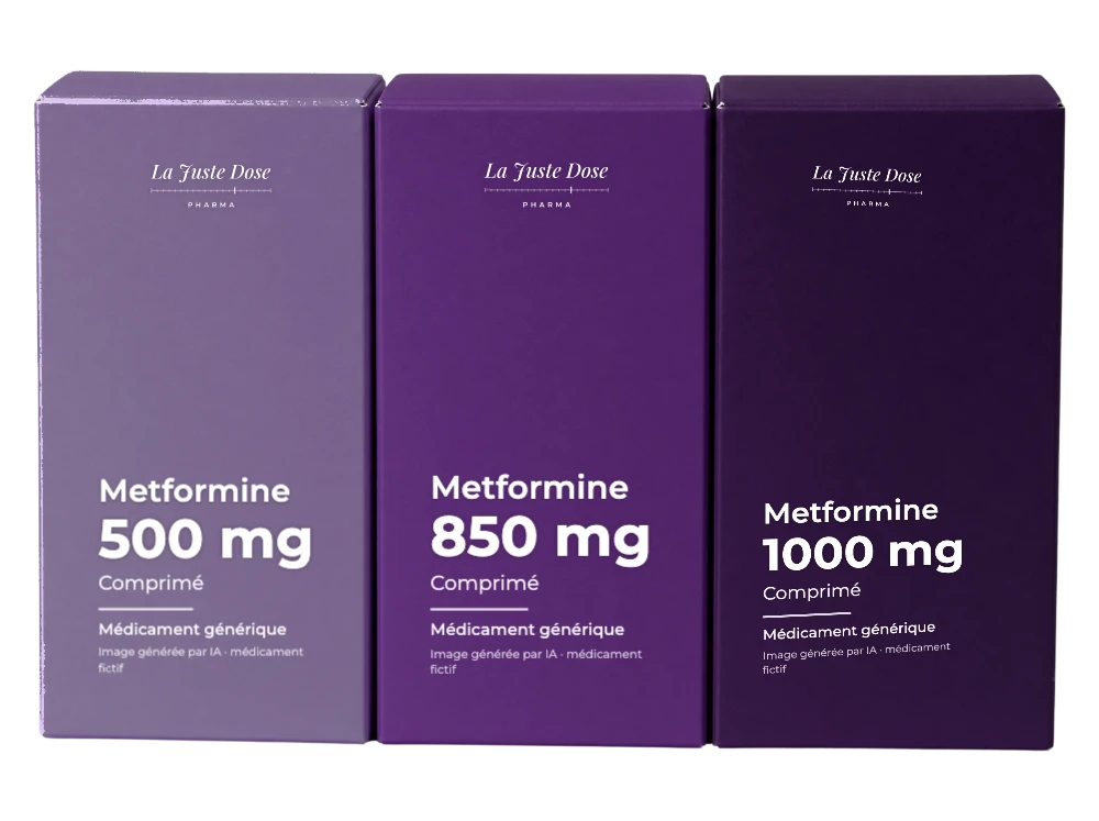 Boîte illustrative de Metformine, médicament générique fictif aux couleurs de La Juste Dose. Image générée par IA.