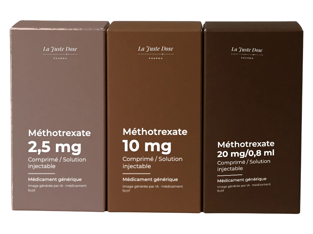 Boîte illustrative de Méthotrexate, médicament générique fictif aux couleurs de La Juste Dose. Image générée par IA.