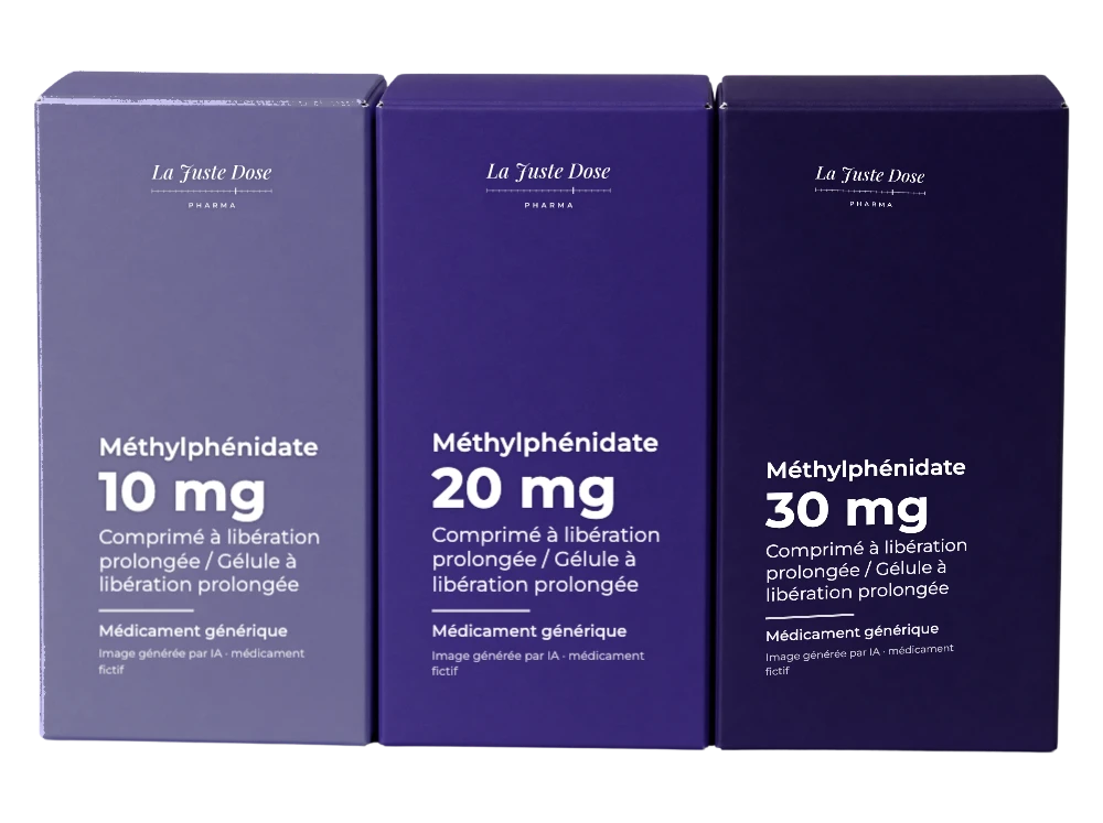 Boîte illustrative de Méthylphénidate, médicament générique fictif aux couleurs de La Juste Dose. Image générée par IA.