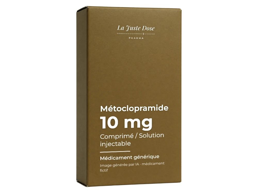 Boîte illustrative de Métoclopramide, médicament générique fictif aux couleurs de La Juste Dose. Image générée par IA.