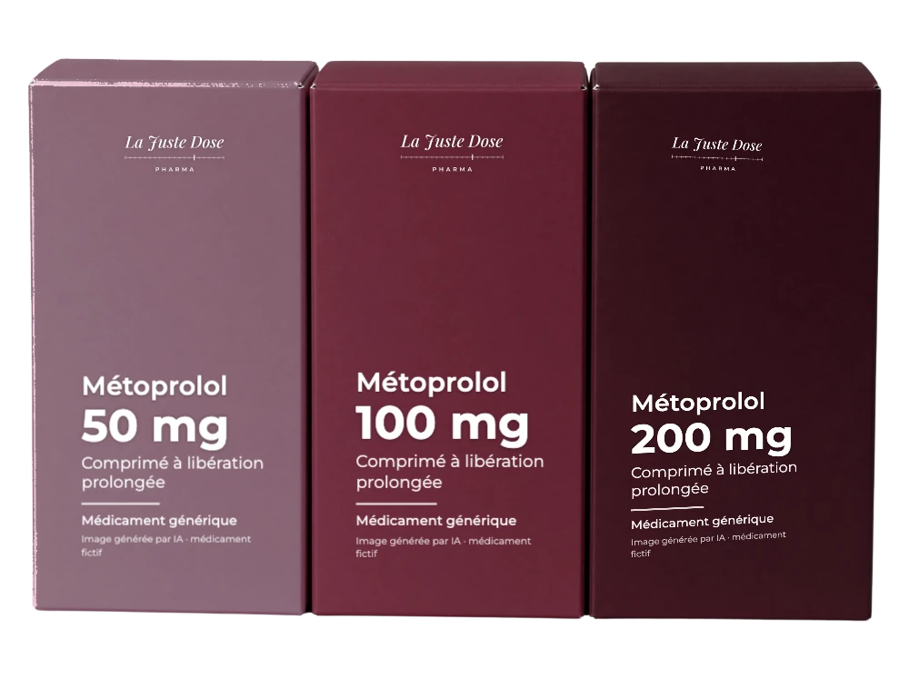 Boîte illustrative de Métoprolol, médicament générique fictif aux couleurs de La Juste Dose. Image générée par IA.
