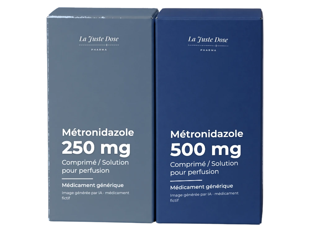 Boîte illustrative de Métronidazole, médicament générique fictif aux couleurs de La Juste Dose. Image générée par IA.
