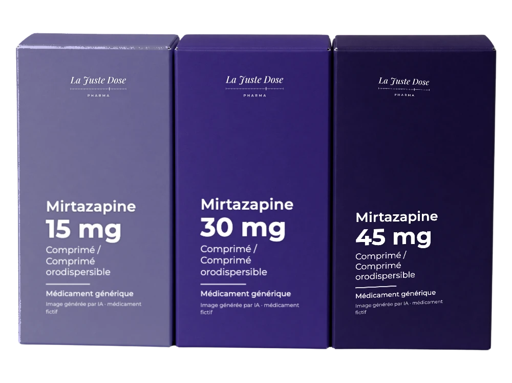 Boîte illustrative de Mirtazapine, médicament générique fictif aux couleurs de La Juste Dose. Image générée par IA.