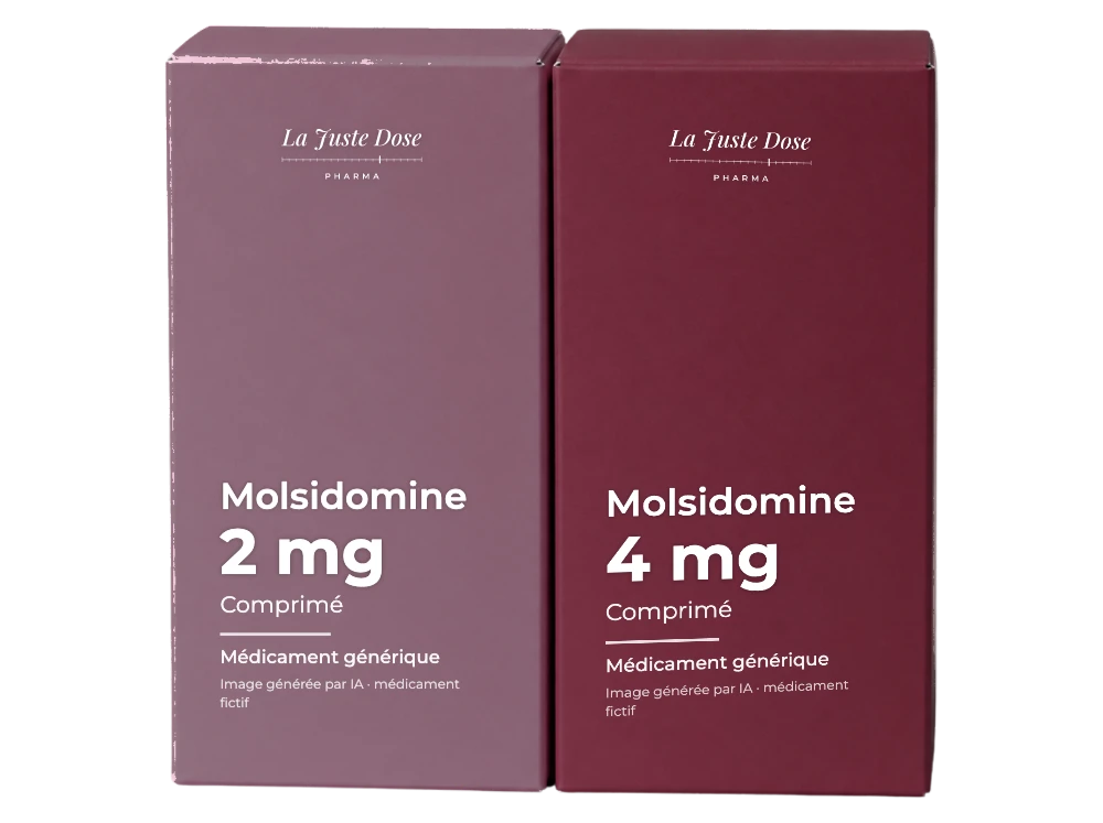 Boîte illustrative de Molsidomine, médicament générique fictif aux couleurs de La Juste Dose. Image générée par IA.