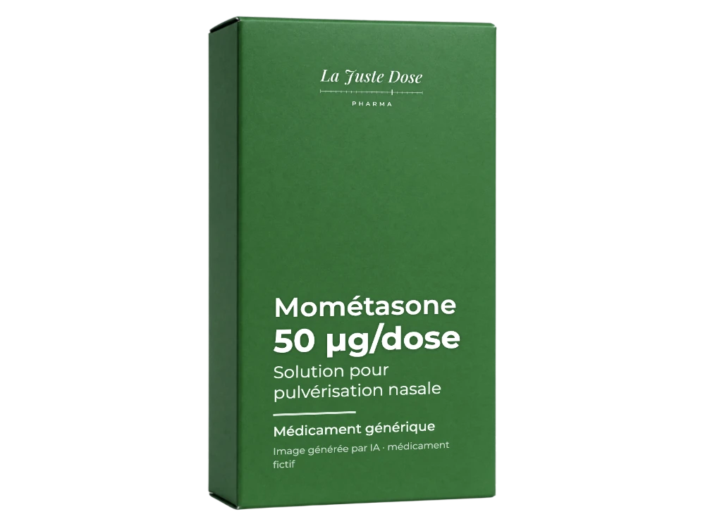 Boîte illustrative de Mométasone, médicament générique fictif aux couleurs de La Juste Dose. Image générée par IA.