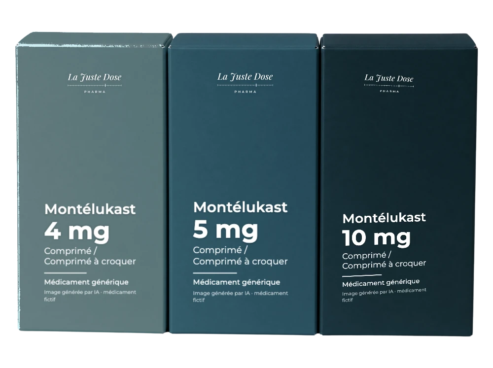 Boîte illustrative de Montélukast, médicament générique fictif aux couleurs de La Juste Dose. Image générée par IA.