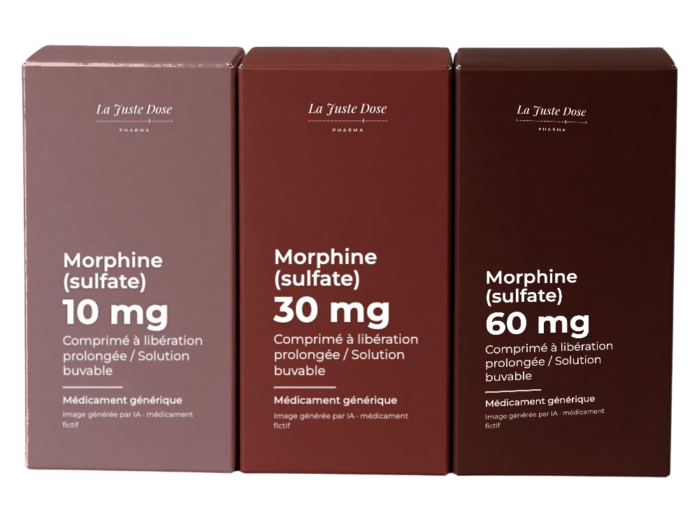 Boîte illustrative de Morphine (sulfate), médicament générique fictif aux couleurs de La Juste Dose. Image générée par IA.