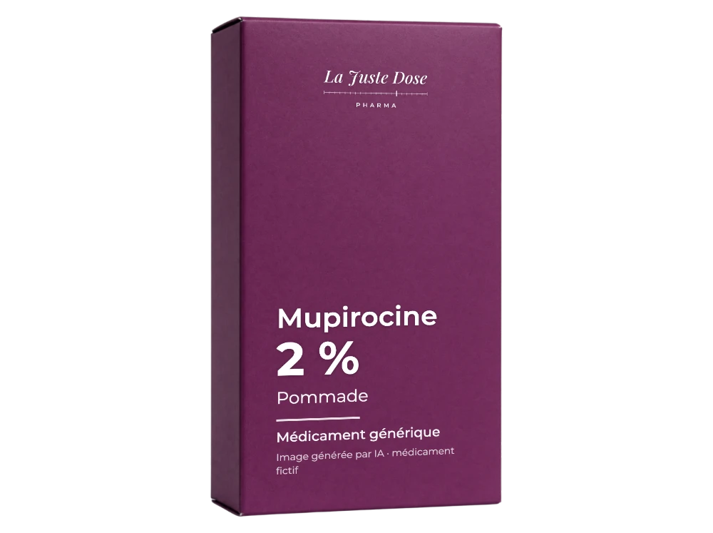 Boîte illustrative de Mupirocine, médicament générique fictif aux couleurs de La Juste Dose. Image générée par IA.