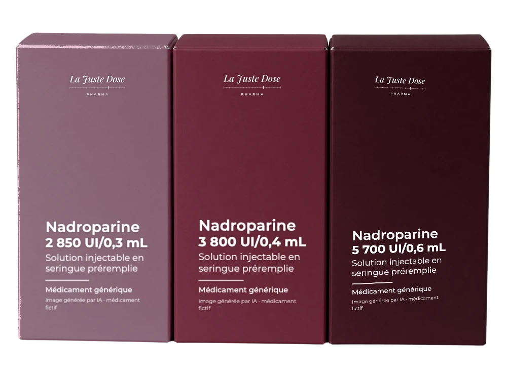 Boîte illustrative de Nadroparine, médicament générique fictif aux couleurs de La Juste Dose. Image générée par IA.