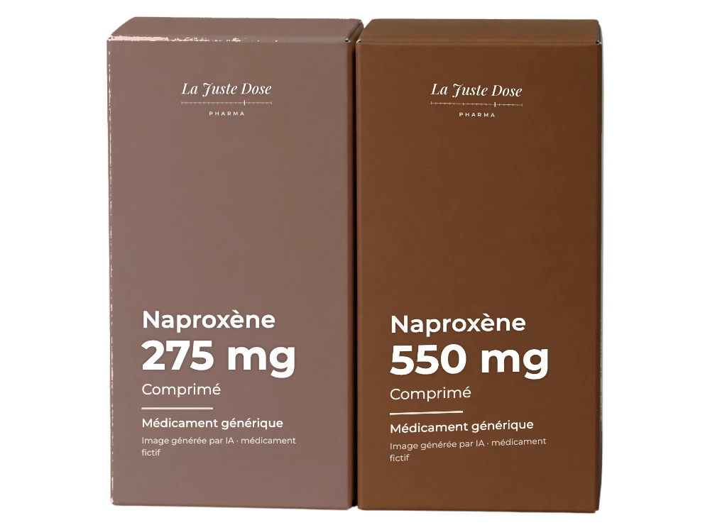 Boîte illustrative de Naproxène, médicament générique fictif aux couleurs de La Juste Dose. Image générée par IA.