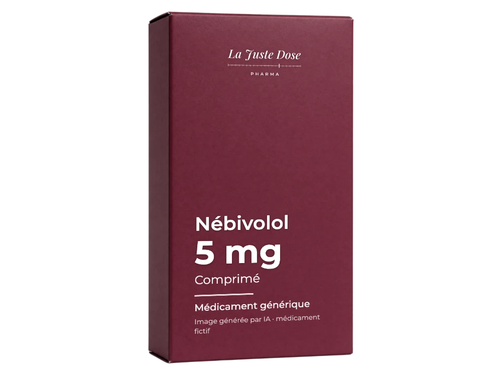 Boîte illustrative de Nébivolol, médicament générique fictif aux couleurs de La Juste Dose. Image générée par IA.