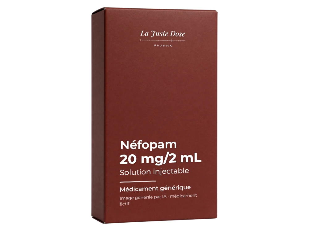 Boîte illustrative de Néfopam, médicament générique fictif aux couleurs de La Juste Dose. Image générée par IA.