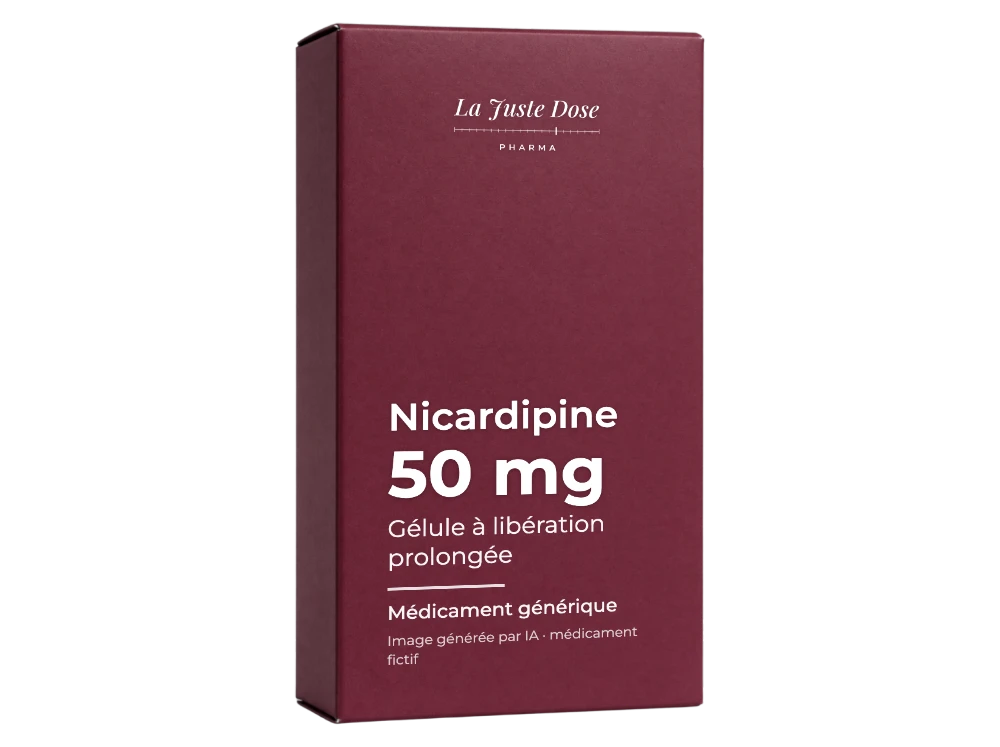 Boîte illustrative de Nicardipine, médicament générique fictif aux couleurs de La Juste Dose. Image générée par IA.