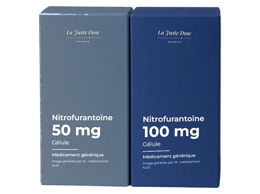 Boîte illustrative de Nitrofurantoïne, médicament générique fictif aux couleurs de La Juste Dose. Image générée par IA.