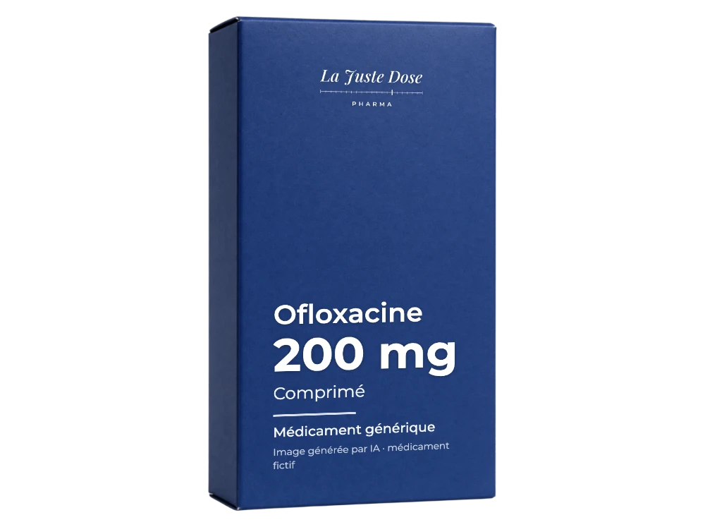Boîte illustrative de Ofloxacine, médicament générique fictif aux couleurs de La Juste Dose. Image générée par IA.