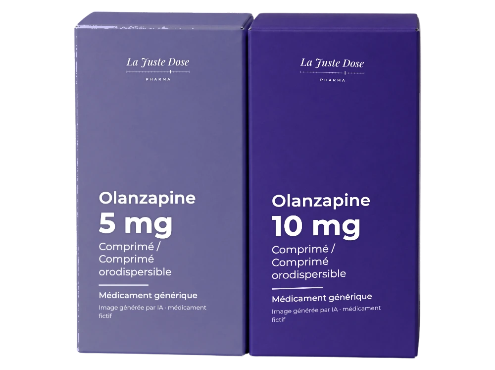 Boîte illustrative de Olanzapine, médicament générique fictif aux couleurs de La Juste Dose. Image générée par IA.