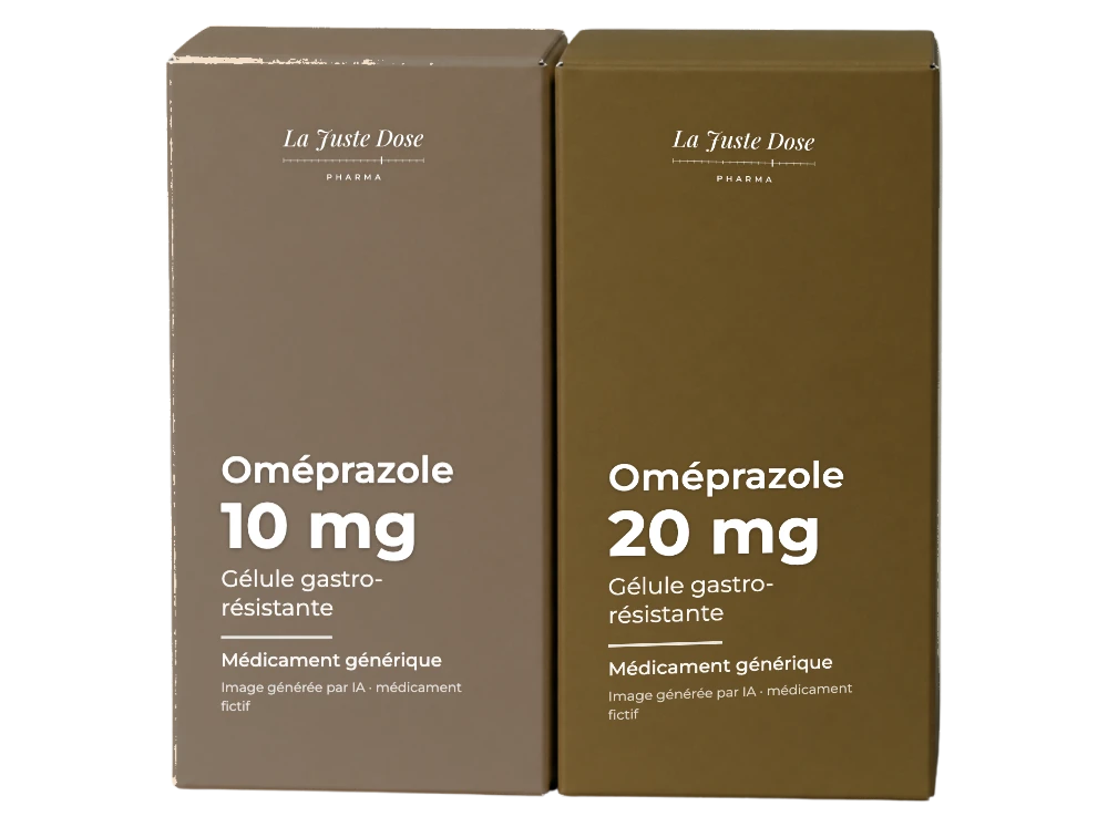 Boîte illustrative de Oméprazole, médicament générique fictif aux couleurs de La Juste Dose. Image générée par IA.