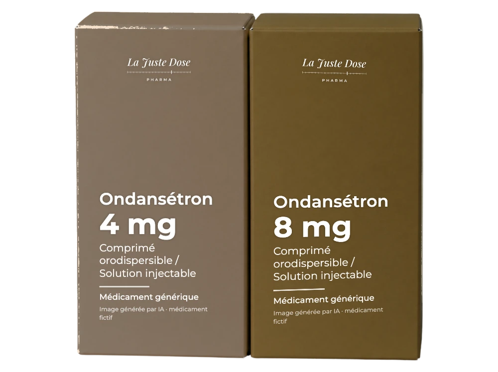 Boîte illustrative de Ondansétron, médicament générique fictif aux couleurs de La Juste Dose. Image générée par IA.