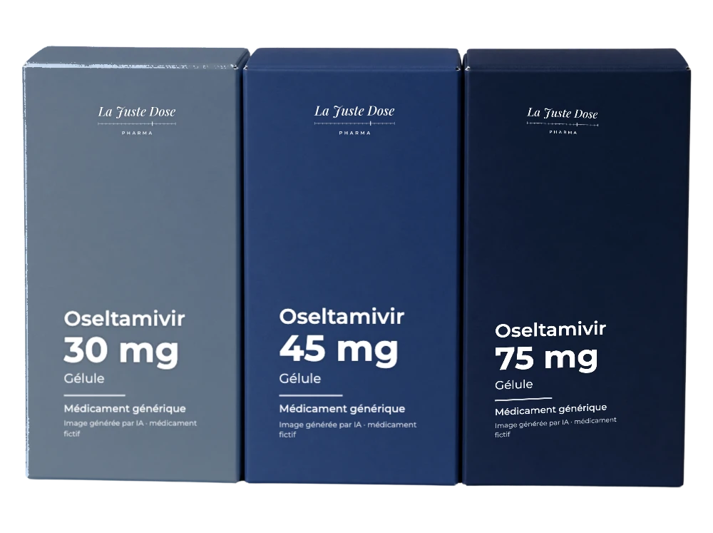 Boîte illustrative de Oseltamivir, médicament générique fictif aux couleurs de La Juste Dose. Image générée par IA.