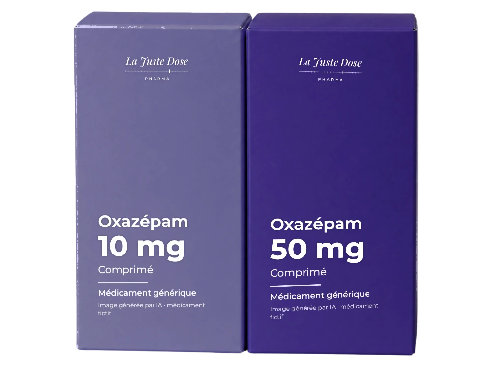 Boîte illustrative de Oxazépam, médicament générique fictif aux couleurs de La Juste Dose. Image générée par IA.