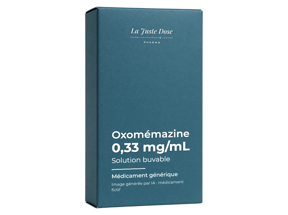 Boîte illustrative de Oxomémazine, médicament générique fictif aux couleurs de La Juste Dose. Image générée par IA.
