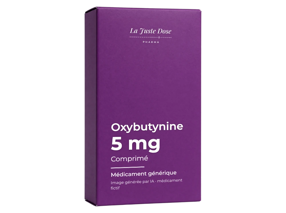 Boîte illustrative de Oxybutynine, médicament générique fictif aux couleurs de La Juste Dose. Image générée par IA.