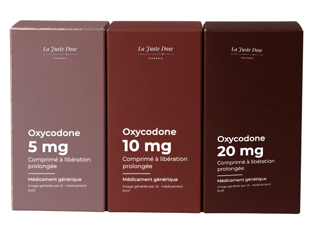 Boîte illustrative de Oxycodone, médicament générique fictif aux couleurs de La Juste Dose. Image générée par IA.