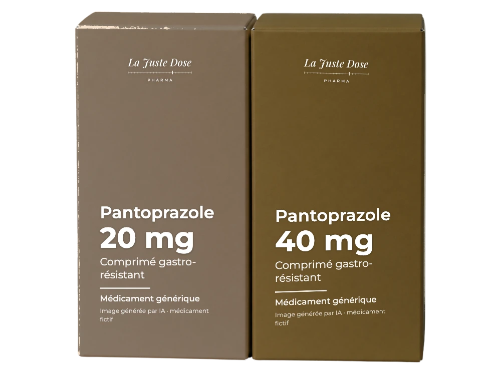 Boîte illustrative de Pantoprazole, médicament générique fictif aux couleurs de La Juste Dose. Image générée par IA.