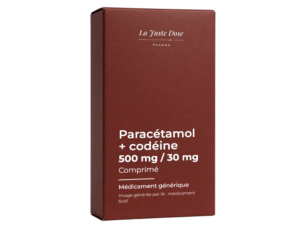 Boîte illustrative de Paracétamol + codéine, médicament générique fictif aux couleurs de La Juste Dose. Image générée par IA.
