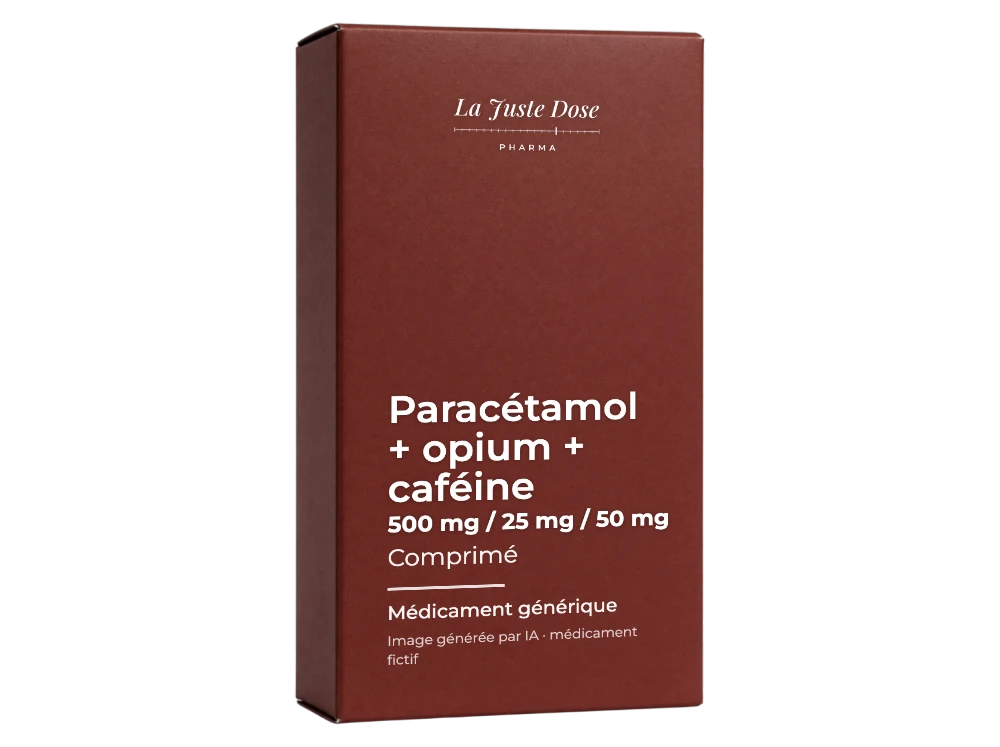 Boîte illustrative de Paracétamol + opium + caféine, médicament générique fictif aux couleurs de La Juste Dose. Image générée par IA.