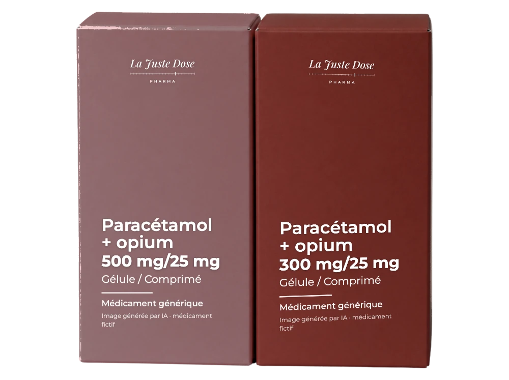 Boîte illustrative de Paracétamol + opium, médicament générique fictif aux couleurs de La Juste Dose. Image générée par IA.