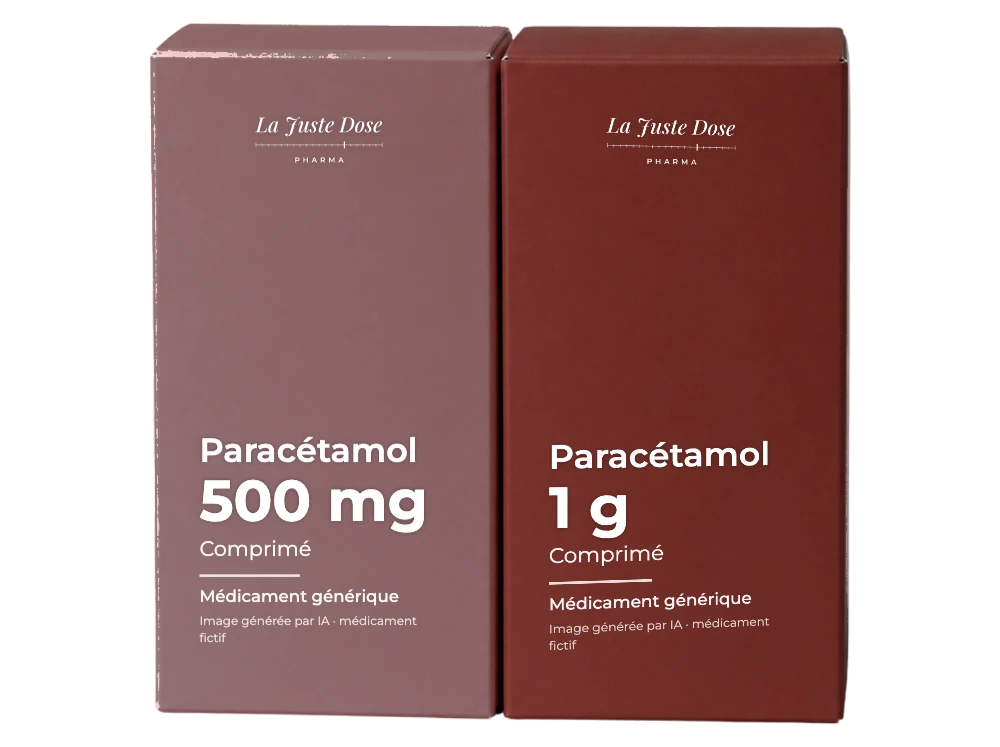 Boîte illustrative de Paracétamol, médicament générique fictif aux couleurs de La Juste Dose. Image générée par IA.